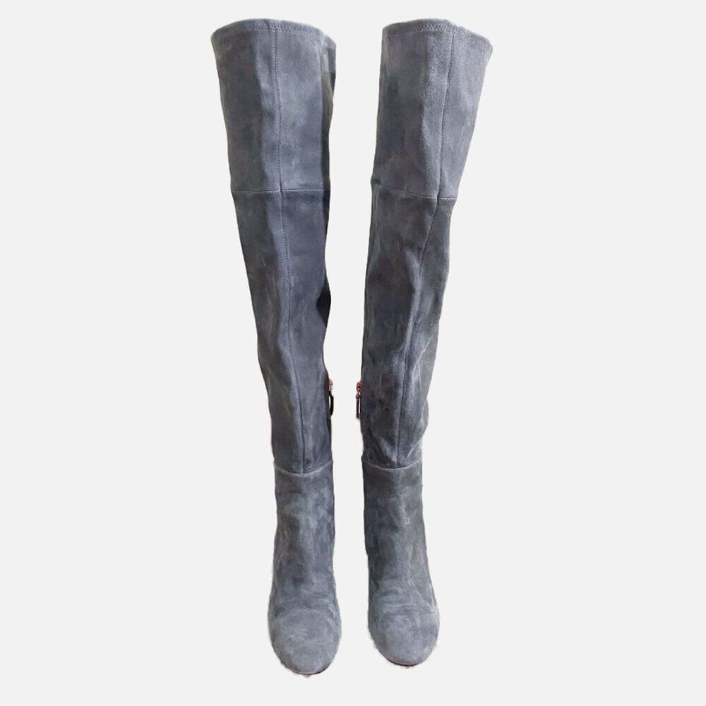NWOB Tory Burch Gray Suede Over the Knee Boots Women's Sz 7 Side Zip Bow Detail - Picture 2 of 12